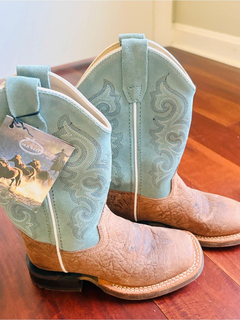 Old West Kids Turquoise Shaft with Tan Foot Cowboy Boots